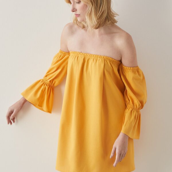 Vestido Curto de Linho Ombro a Ombro - Amarelo