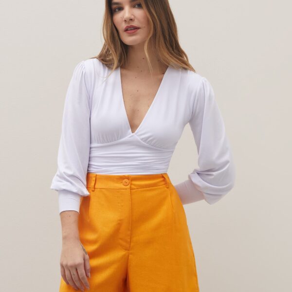 Shorts Cintura Alta com Pregas - Laranja