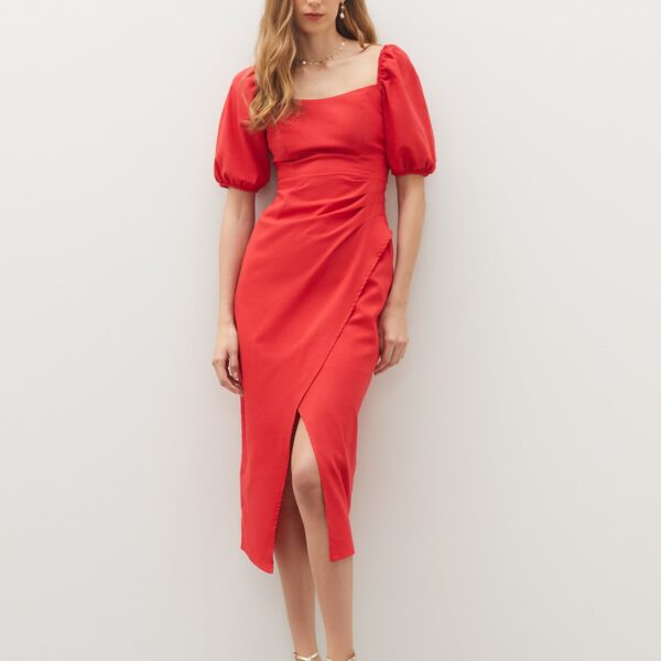 Vestido Midi com Manga Bufante e Saia Transpassada  - Vermelho