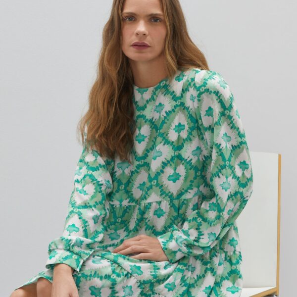 Vestido Curto Manga Longa - Mosaic Shibori Green