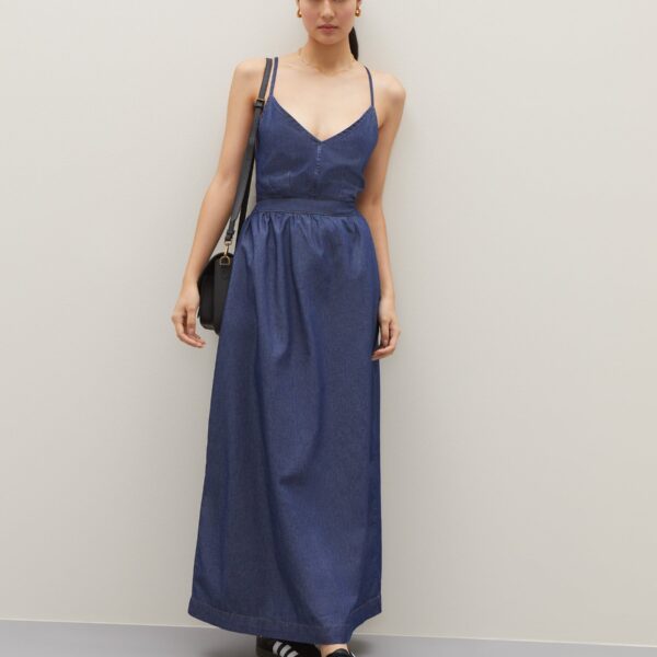 Vestido Midi Decote V com Bolsos - Azul