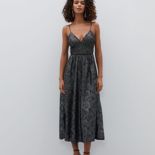 Vestido Midi Renda com Pala de Cintura e Alcinha - Preto