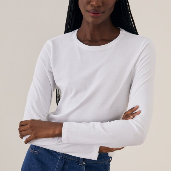 T-shirt Manga Longa de Algodão Pima Decote Redondo - Branco