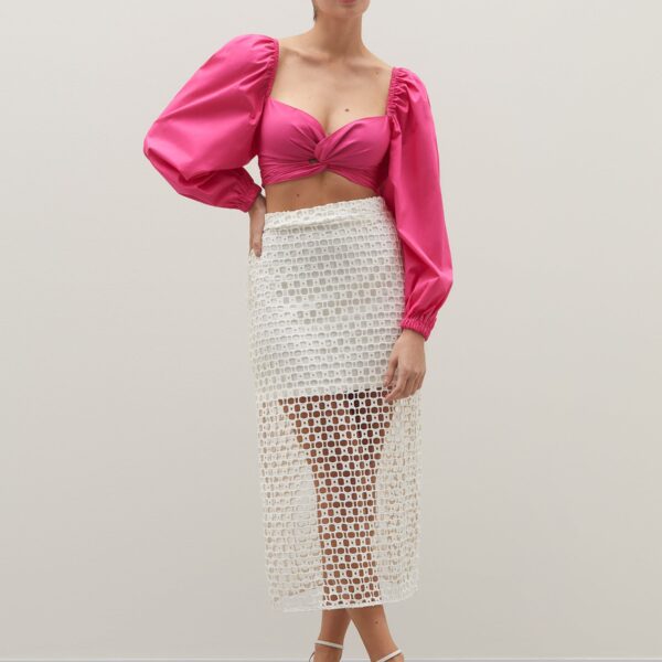 Top Cropped de Manga Comprida e Torção no Decote - Rosa