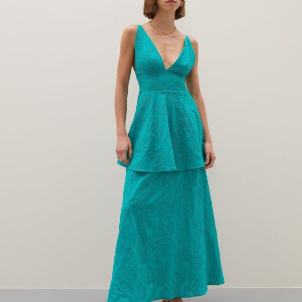 Vestido Longo de Laise com Saia Dupla  - Verde Água