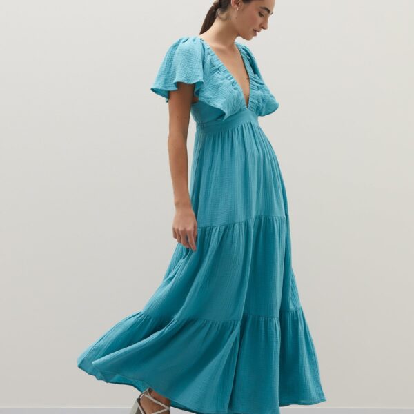 Vestido Longo Decote V com Manga Ampla  - Azul