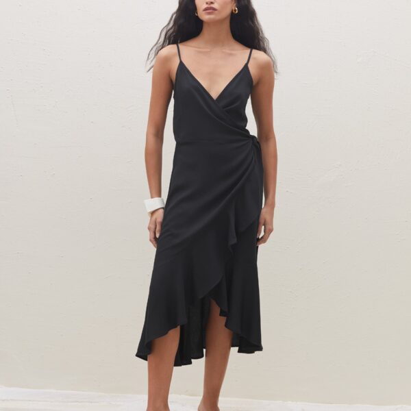Vestido Midi Transpassado com Babado  - Preto
