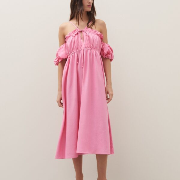 Vestido Midi com Manga Bufante e Babado  - Rosa