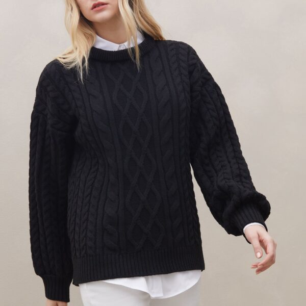 Suéter Manga Longa de Tricot Trançado - Preto