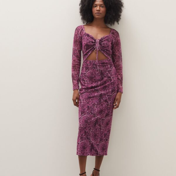Vestido Manga Longa Tule Estampado - Watercolor Orchid