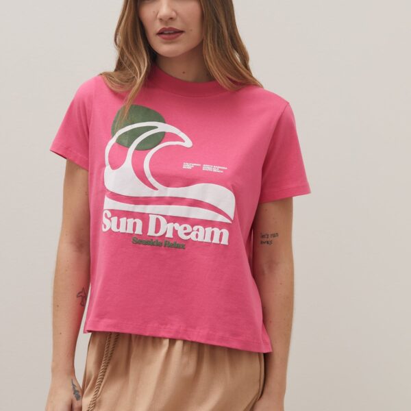 T-shirt Cropped Estampada - Rosa