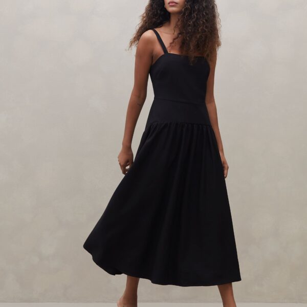 Vestido Midi de Alça com Saia Franzida - Preto