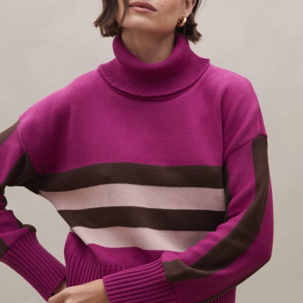 Suéter Gola Alta de Tricot Listrado - Rosa Escuro