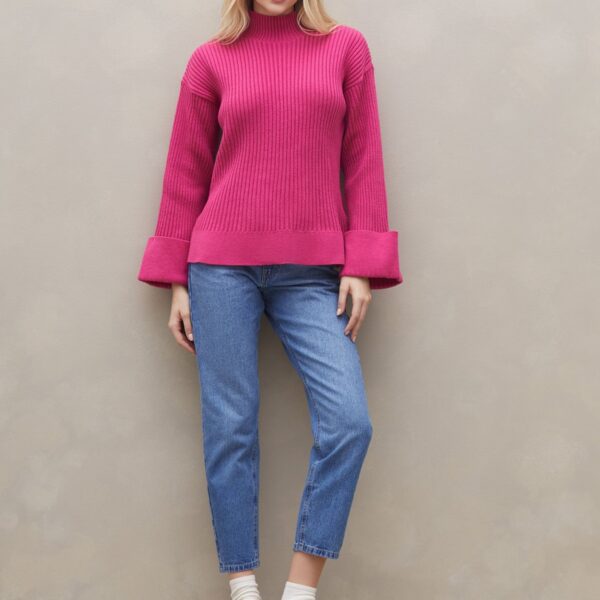 Suéter com Punho Virado de Tricot Canelado - Rosa Escuro