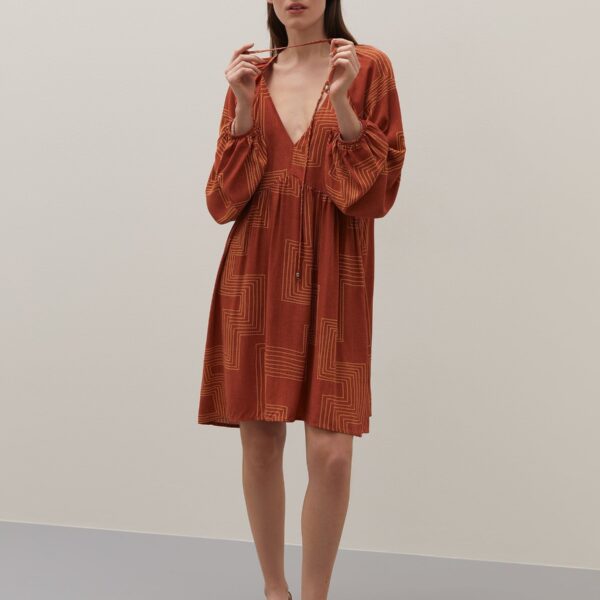 Vestido Curto Manga Longa Estampado - Terracota