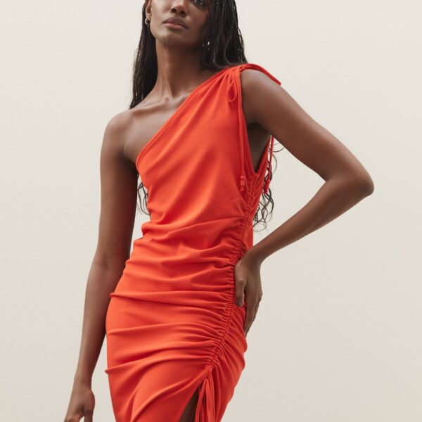 Vestido Midi Um Ombro Só com Ajuste Lateral - Laranja