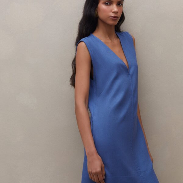 Vestido Decote V de Linho - Azul Médio