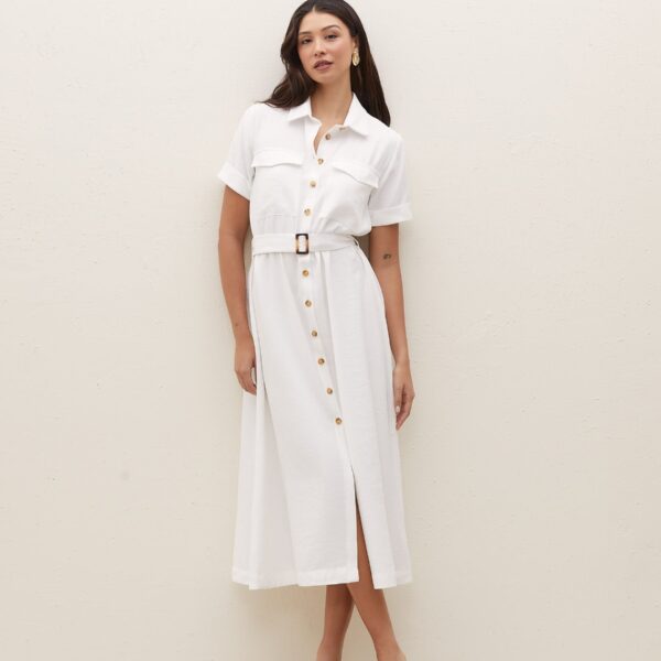 Vestido Chemise com Cinto e Bolsos - Branco