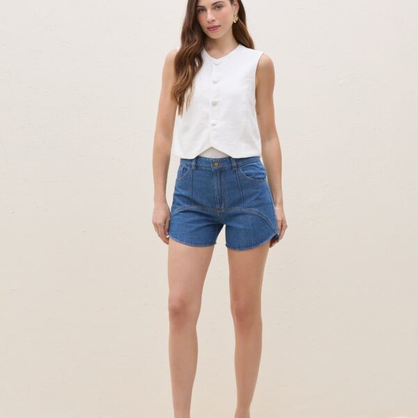 Shorts com Recortes Jeans - Azul Médio