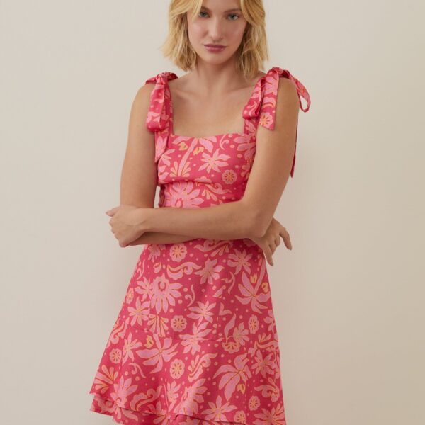 Vestido Curto com Amarração nos Ombros e Costas - Palm Lines Pink