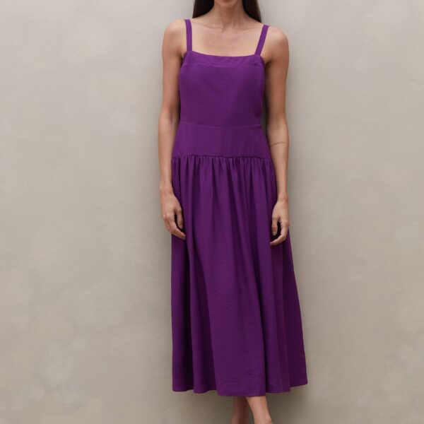 Vestido Midi de Alça com Saia Franzida - Roxo